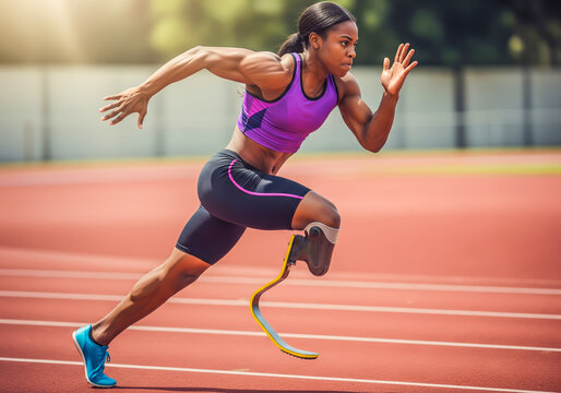 Amputee female athlete running on track side profile