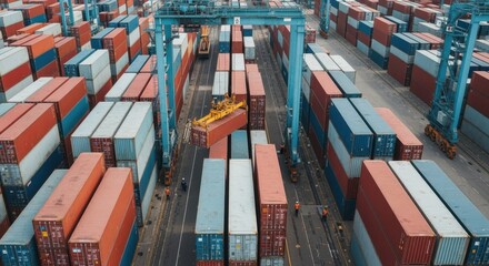 Fototapeta premium Large gantry crane lifting cargo container in a busy port terminal, with rows of colorful shipping containers stacked high, representing global trade and logistics