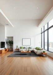 Modern american style living room with wood flooring and green accents Empty room interior design architecture blank design room