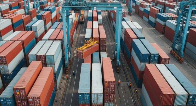 Large gantry crane lifting cargo container in a busy port terminal, with rows of colorful shipping containers stacked high, representing global trade and logistics