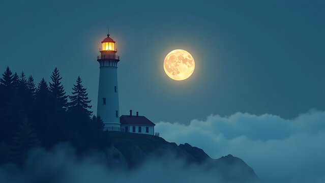 solitary lighthouse stands tall moonlit sky silhouetted soft glow full moonlight surrounded