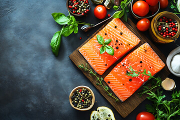 Two salmon fillets on a wooden board with fresh herbs and spices on a dark background