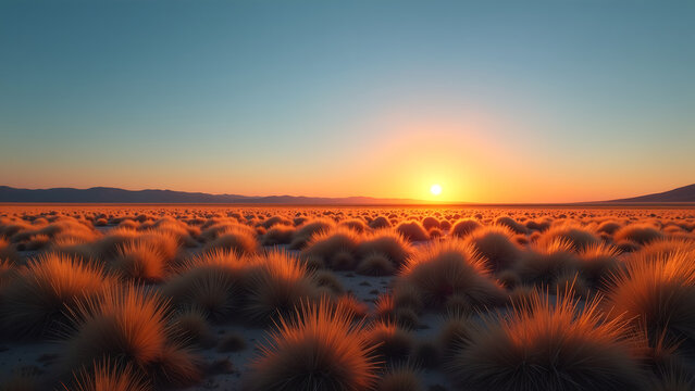 tranquil sunset casts long shadows across vast expanse grasses windswept empty plain dusk clear