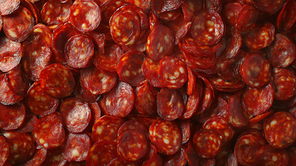Pile of sliced chorizo sausage filling the frame.