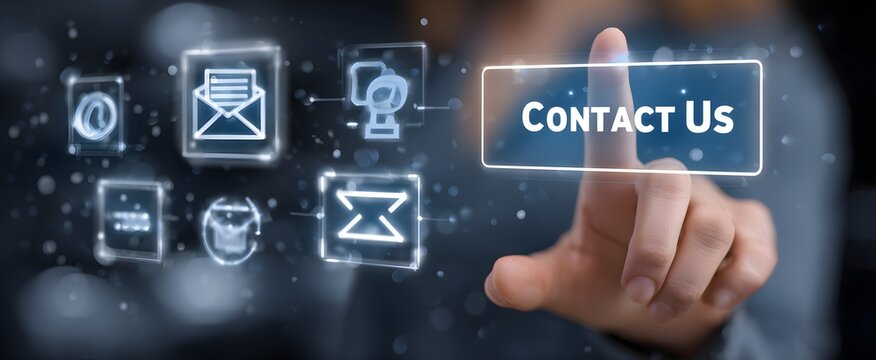 Digital contact us interface with business hand pressing communication icons