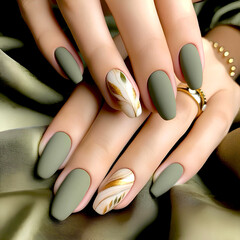 Manicure hand finger nail. Green and nude with leaves nailart. Autumn design.