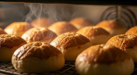A variety of golden brown baked goods, including croissants and rolls, cooling on racks in a bakery