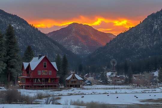 Winter Landscape with Red House and Mountain Sunset