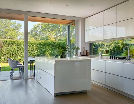 Fototapeta modern white kitchen with expansive windows showcasing a lush garden view