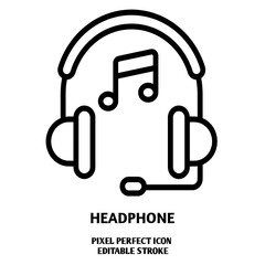Headphones with Music Note Icon – Line Style  editable stroke outline icon isolated on white background flat vector illustration, black outline, Pixel perfect