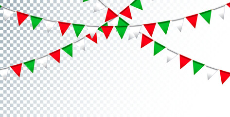 Obraz premium Colorful Party Flags Garland Isolated on Clean Background. Vector Buon Ferragosto Illustration for Italian Traditional Midsummer Holiday Festival Design for Celebration Banner, Flyer, Invitation