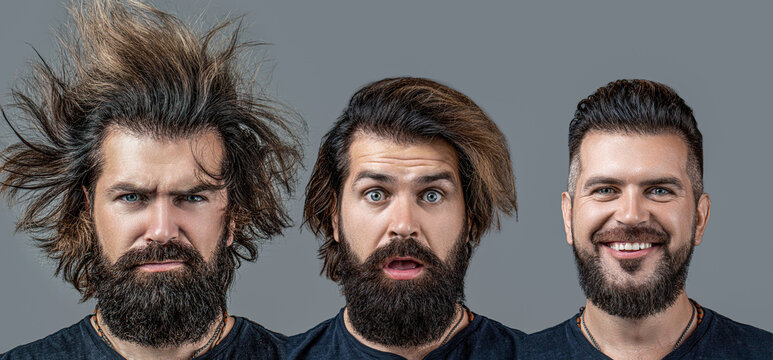 Barbershop, beard, hair, men. Shaved vs unshaved barber hair salon. Before and after.