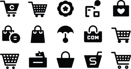 A collection of fifteen shopping related icons in black on a white background