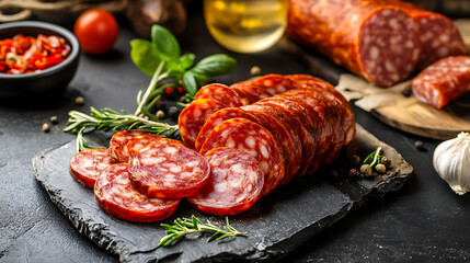 Sliced chorizo sausage on a black stone board with herbs and garlic.