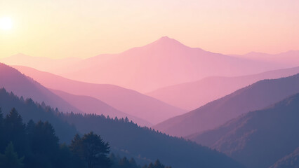 Fototapeta premium soft pink hues bleed across misty mountain range warm sunlight dips valley casting serene golden glow rolling hills