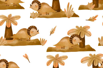 Seamless pattern with dinosaurs.  Dino landscape Jungle hand drawn watercolor background