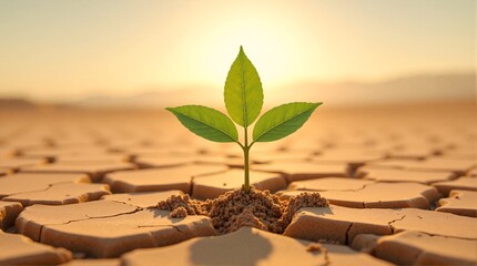 A lone vibrant green seedling emerges from parched, cracked desert soil under a warm, soft sunset glow, symbolizing hope, resilience, and new beginnings in challenging environments.
