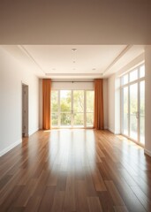 Fototapeta premium Bright empty room with hardwood floor and open balcony Empty room interior design architecture blank design room