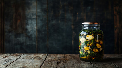 Pickled garlic cloves and rosemary in glass jar on rustic wooden surface
