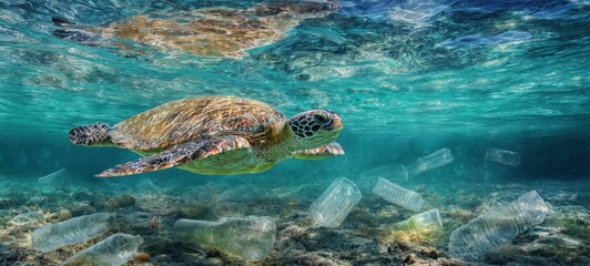 Fototapeta premium The turtle navigating through polluted waters filled with plastic debris.