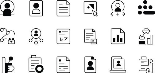 A collection of business and management icons in black and white outline style