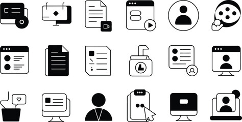 A collection of black and white line art icons representing digital media