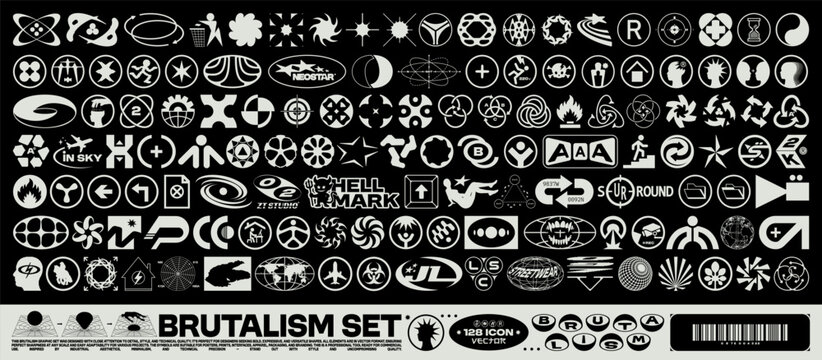 Brutalism icon abstract shapes. Fake logos, techno symbols and graphic elements. Retro Y2K streetwear style for poster, sticker, label or UI design. Vector set