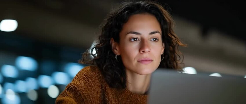 Focused woman engaged in latenight work on laptop in dimly lit modern setting