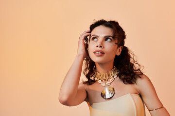Beautiful young woman enjoys warm summer vibes with stylish fashion and serene expression