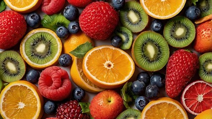 Colorful Fruits and Berries Flat Lay Illustration with Copy Space