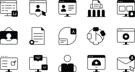 Collection of fifteen black and white business and social media icons