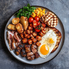 Full breakfast plate with fried egg, bacon, sausage, tomato and toast.