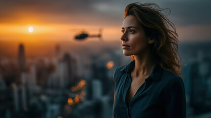 Successful businesswoman standing on rooftop helipad, wind blowing through her hair, helicopter nearby, skyscrapers glowing in golden sunset light.