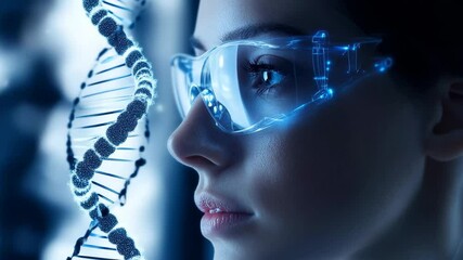 In a cutting edge lab, a focused researcher examines intricate DNA strands while wearing high tech eyewear that enhances her vision. This moment embodies the future of biotechnology.