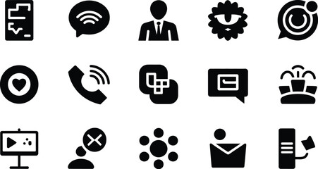 A collection of fifteen different black and white silhouette style icons