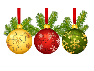 Three christmas ornaments in gold red and green with snowflakes and puzzle pieces isolated on transparent background