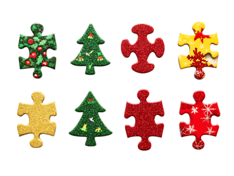 Eight christmas themed glitter puzzle pieces isolated on transparent background