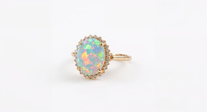 Different style fire opal ring design on plain white background