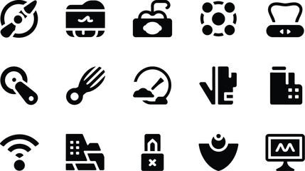 Display of fifteen various solid black glyph icons on a white background