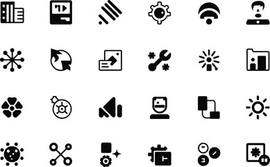 Collection of various black and white icons arranged in a grid pattern