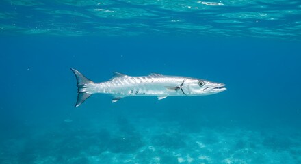 Fototapeta premium Majestic Barracuda Fish Gliding Through Clear Blue Tropical Ocean Water