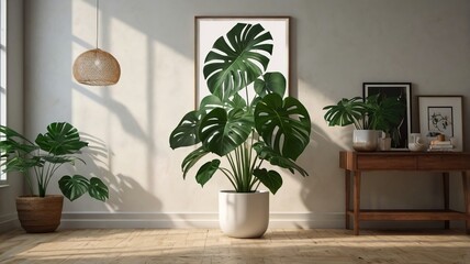 Fototapeta premium Tropical Monstera Flat-Lay Mockup with Petals on Cream Background