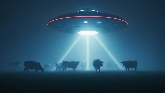 UFO shines bright light on herd of cows at night. Suitable for scifi or mysteriousthemed designs needing an eerie or unexplained element.
