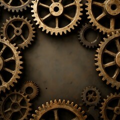 Abstract background of interlocking brass gears and cogs, vintage steampunk style, with ample copy space frame background old aesthetic