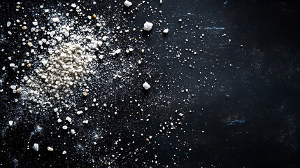 Pile of sea salt crystals scattered on dark textured surface