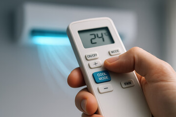 Closeup of Remote Control Setting Air Conditioner to 24°C