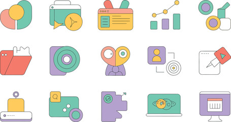 A set of colorful icons for business, marketing, and technology