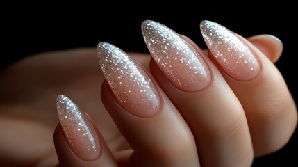 Close-up of elegant,  sparkly nails with ombre effect