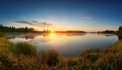 Obraz premium panorama of beautiful sunrise over lake