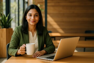 Confident Indian Woman Entrepreneur with Laptop in Modern Workspace